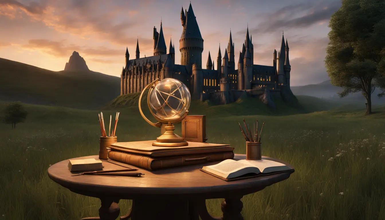 Castelo de Hogwarts ao crepúsculo com mesa contendo livros abertos, varinha mágica e pomo de ouro, em um campo verdejante.