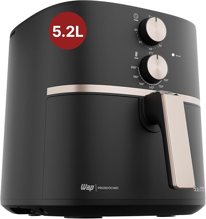 Na imagem há uma WAP Fritadeira Elétrica Air Fryer 5,2 Litros Temperatura Ajustável com Duplo Revestimento Antiaderente, Cesto e Grelha Removíveis 1500W AIRFRY Grand Family 220V