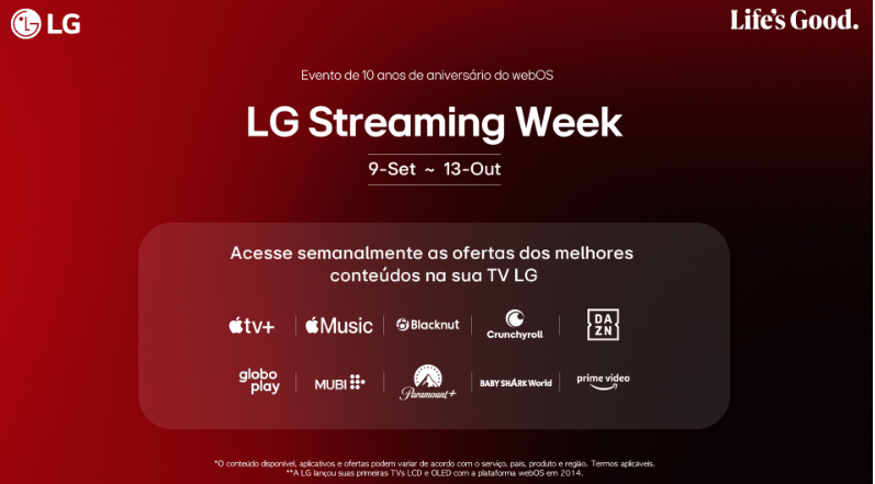 LG lança Streaming Week, com ofertas imperdíveis em aplicativos como Apple TV, Prime Video, Globoplay e muito mais 1