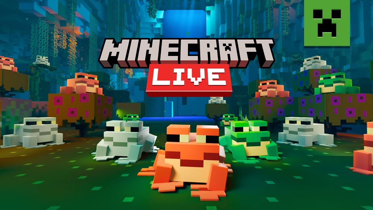 A imagem apresenta o logo oficial do evento "Minecraft Live". O fundo é um bioma de pântano do Minecraft, com água, plantas aquáticas e sapos em diferentes cores. No centro da imagem, há um grande portal azul brilhante com o texto "Minecraft Live" em letras brancas. O logo icônico do Minecraft, um creeper verde com uma face sorridente, está localizado no canto superior direito. A imagem transmite uma atmosfera mágica e vibrante,