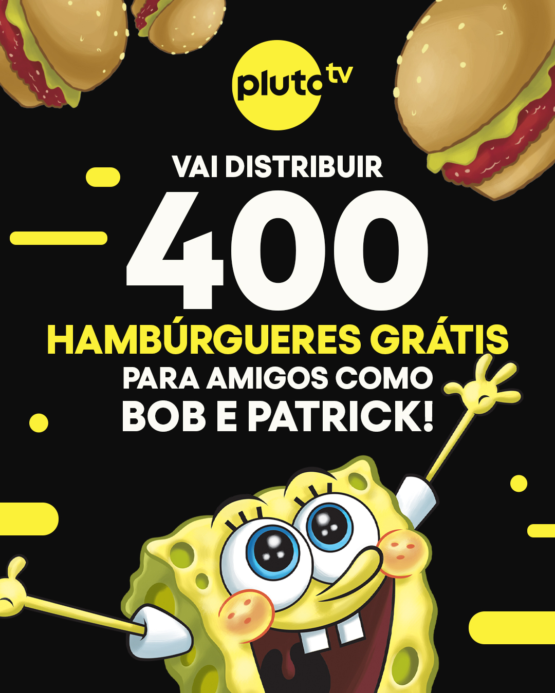 Dia do Hambúrguer com Bob Esponja está de volta: Pluto TV distribui 400 combos de hambúrgueres grátis