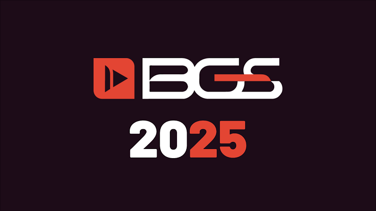 Logo da Brasil Game Show 2025 com fundo escuro, escrita em branco e vermelho destacando o ano do evento.