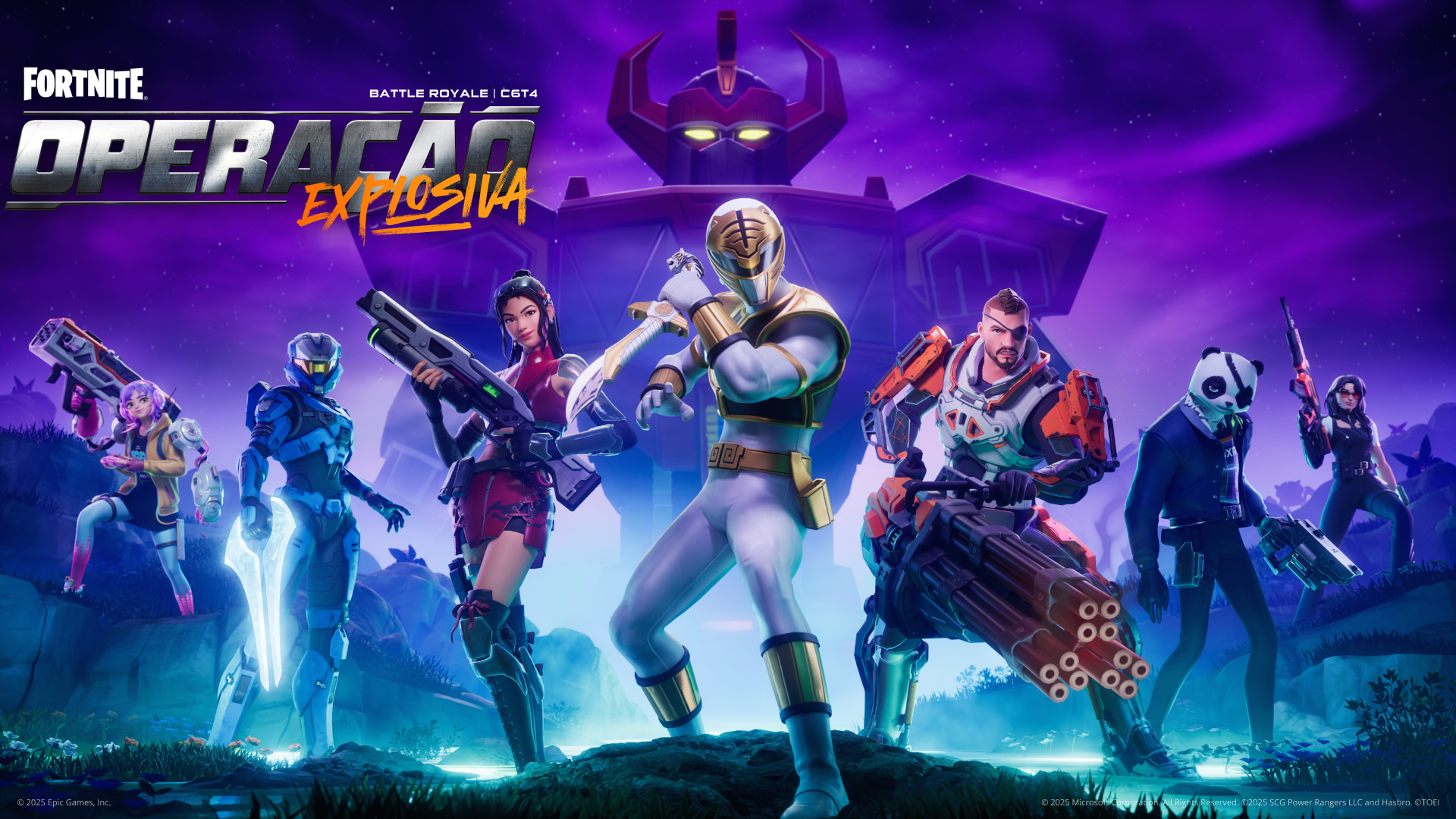 Imagem promocional do Passe de Batalha Operação Explosiva de Fortnite, mostrando o Ranger Branco, personagens inéditos e o Megazord Dino ao fundo.