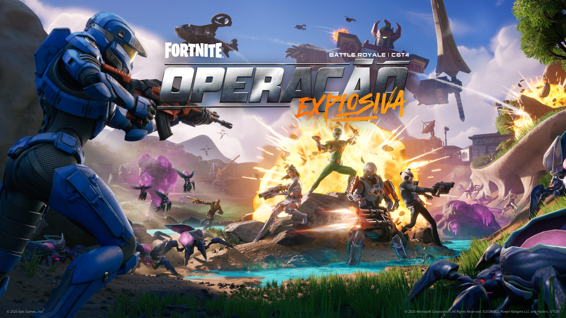 Arte oficial de Fortnite Capítulo 6: Temporada 4 — Operação Explosiva, mostrando personagens em batalha contra insetos gigantes, com Power Rangers e o Megazord ao fundo.