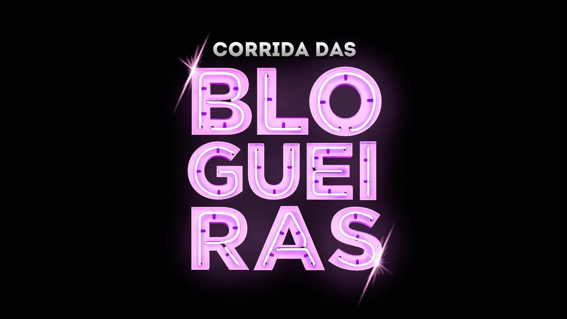 Logo oficial do reality show Corrida das Blogueiras em estilo neon rosa sobre fundo preto.