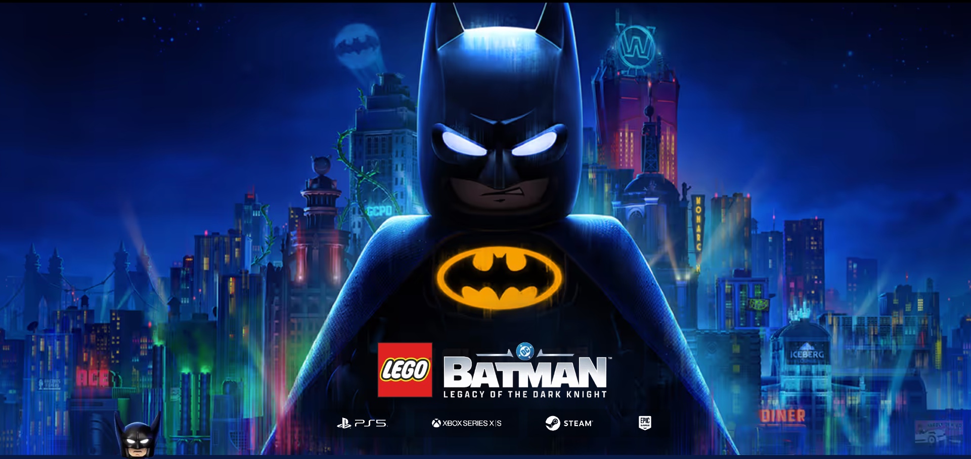 LEGO Batman em destaque em Gotham City à noite, com o símbolo do morcego iluminado no peito e o logo do jogo LEGO Batman: O Legado do Cavaleiro das Trevas.