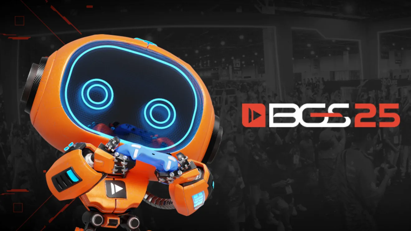 Logo da Brasil Game Show 2025 com mascote laranja segurando controle de videogame.