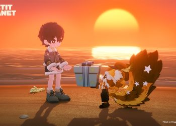 Personagem de Petit Planet recebe um presente de um vizinho peludo na praia durante o pôr do sol.