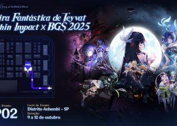 Imagem com o tema do estande de Genshin Impact na BGS 2025, com o novo tema Luna I e Nod-Krai