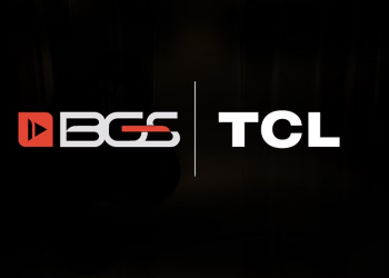 Logos da BGS e TCL lado a lado em fundo preto, representando parceria em evento de tecnologia e games