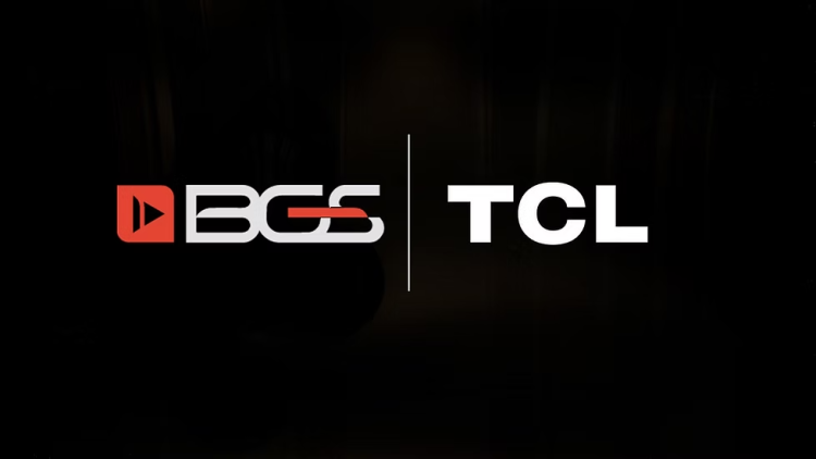 Logos da BGS e TCL lado a lado em fundo preto, representando parceria em evento de tecnologia e games