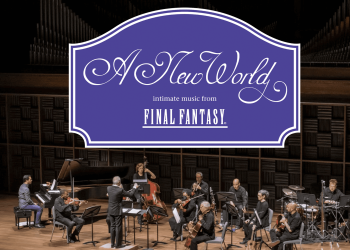 Concerto “A New World: intimate music from Final Fantasy” com orquestra de câmara se apresentando em palco sob a regência de maestro.