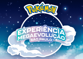Logo Pokémon e texto “Experiência Megaevolução São Paulo” sobre fundo estrelado em tons de azul e roxo, com nuvens estilizadas.