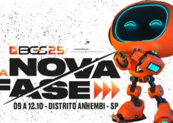 Logo da Brasil Game Show 2025 com o mascote laranja ao lado e o slogan “Uma nova fase”, destacando as datas do evento em São Paulo.