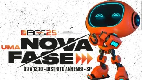 Logo da Brasil Game Show 2025 com o mascote laranja ao lado e o slogan “Uma nova fase”, destacando as datas do evento em São Paulo.