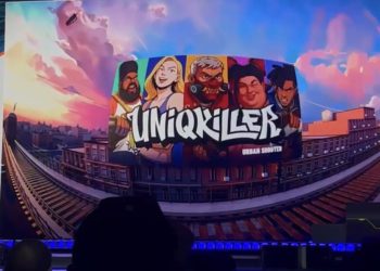 Tela de apresentação de um jogo chamado “UNIQKILLER Urban Shooter”, exibida em um grande telão com arte urbana colorida e personagens ilustrados, durante um evento de games.