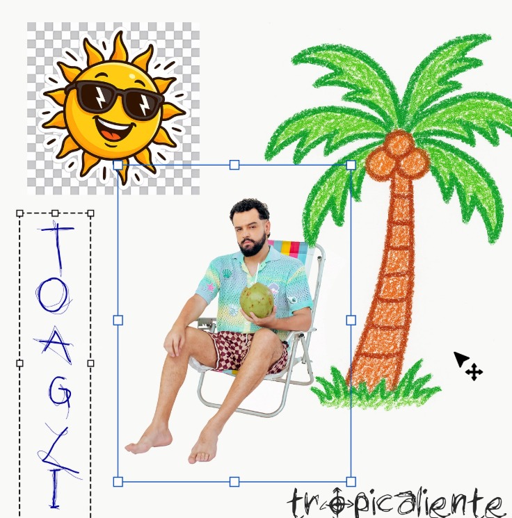 Capa da nova música: "Tropicaliente" de TOAGLI simulando um aplicativo de edição de imagem